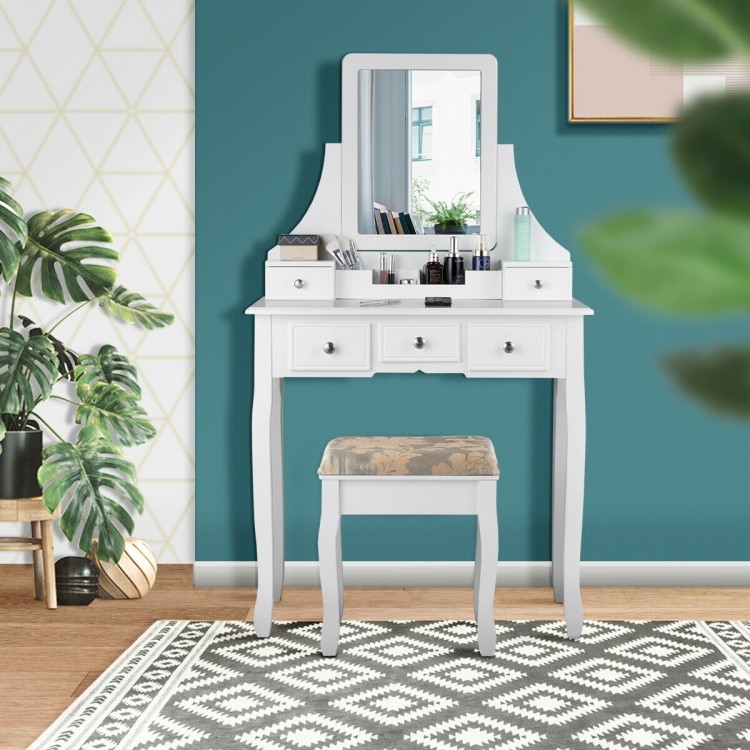 Makeup Vanity Set with Mirror and Cushioned Stool