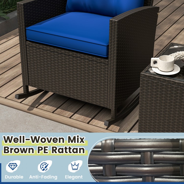 3-Piece Patio Rattan Roker Chairs with Tempered Glass Table and Soft Cushions