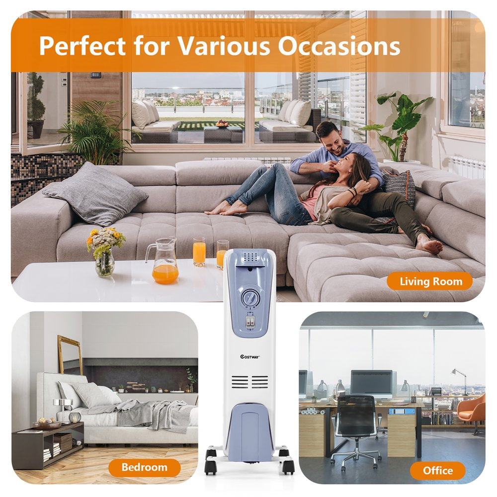 Costway 1500W Electric Oil-Filled Radiator Heater, 7-Fin, Adjustable Thermostat, Safety Shut-Off, Portable