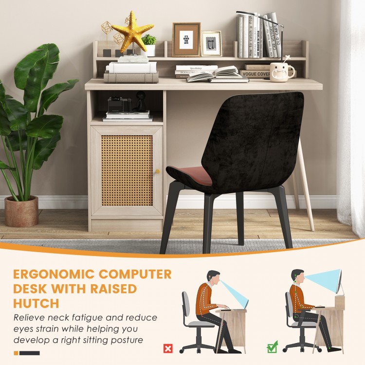 48 Inch Computer Desk with Hutch and PE Rattan Cabinet Shelves