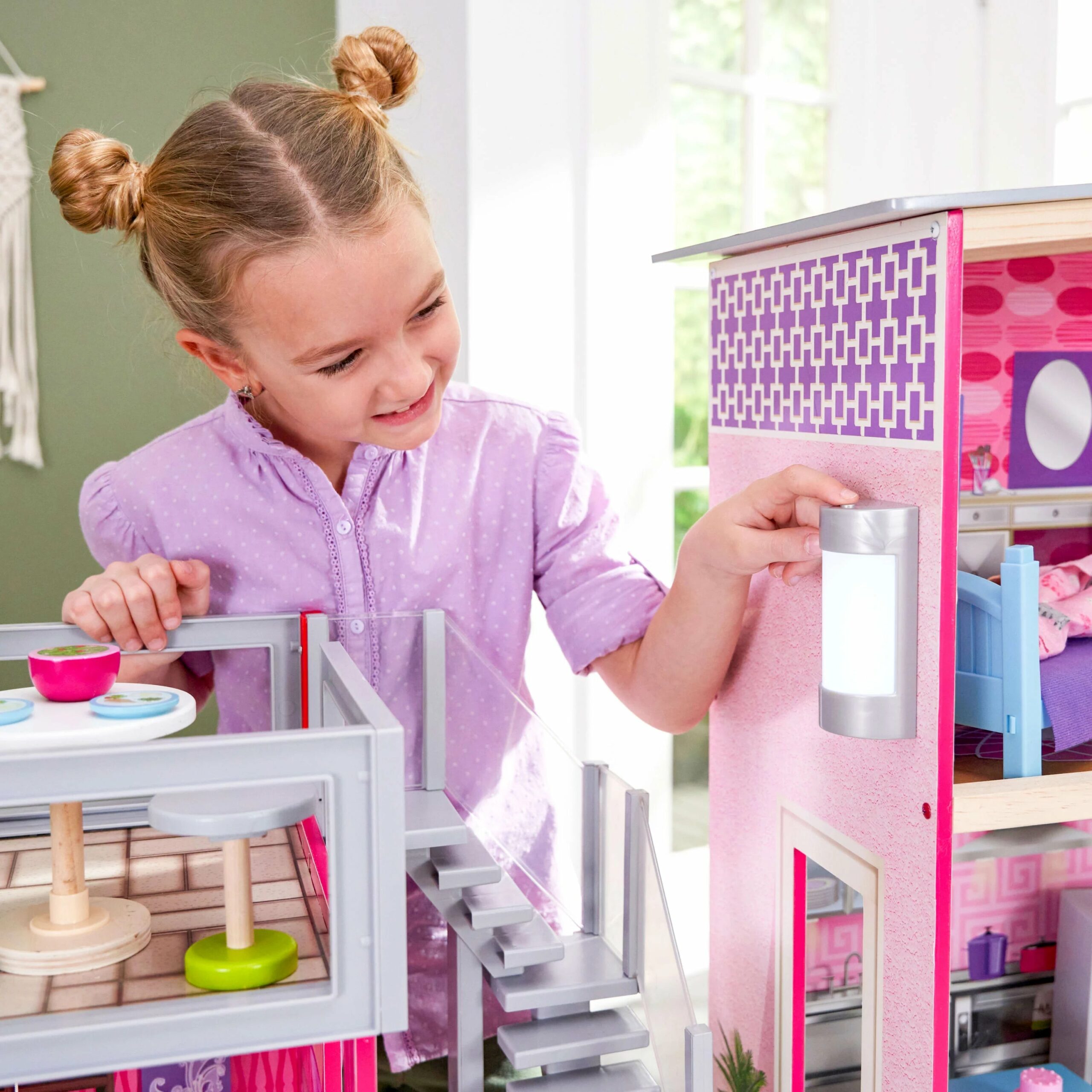 KidKraft Uptown Wooden Dollhouse with Accessories, 3-Floor Playhouse for 12′′ Dolls, Ages 4+