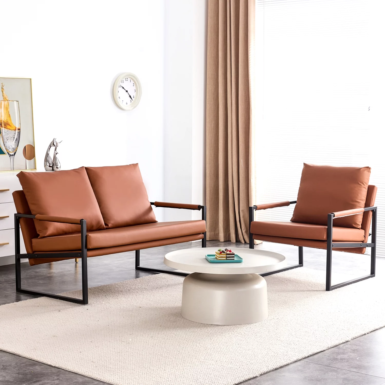 Brown Modern Two-Seater Sofa Chair by SF-D008 – PU Leather, High-Density Foam, Black Metal Frame, Includes 2 Pillows