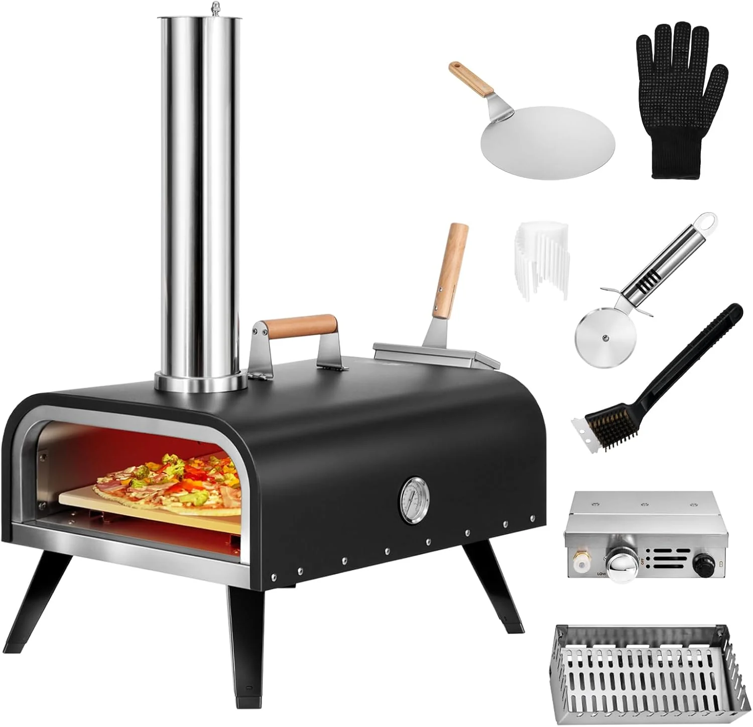 EDOSTORY Outdoor Pizza Oven, Wood Fired for Outside, Patio Maker With Stone, Peel, Grill Rack, and Waterproof Cover for Backyard Camping