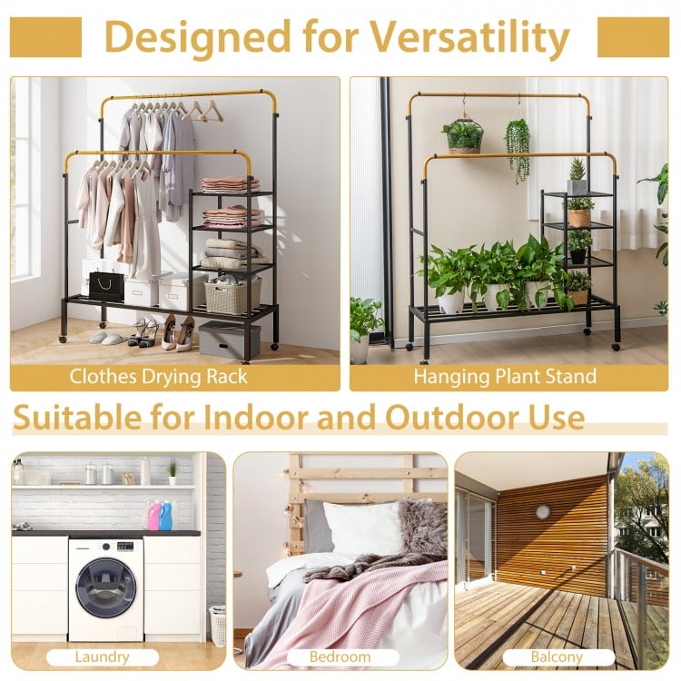 Rolling Double Rods Garment Rack with Height Adjustable Hanging Bars