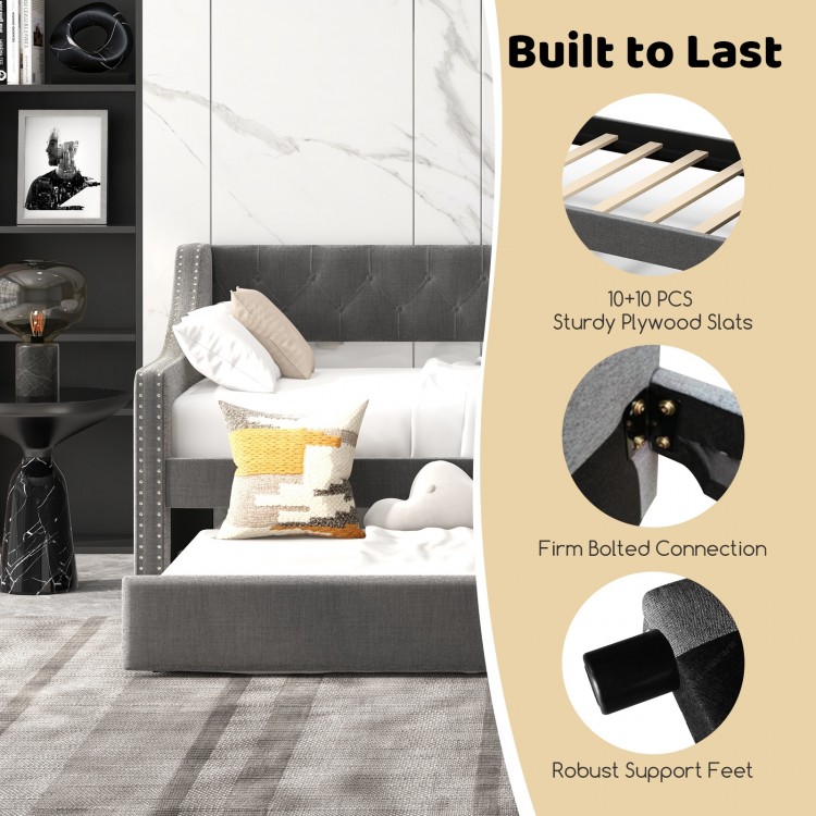 Twin Size Daybed with Trundle Sofa Bed with Curved Armrests and Backrest