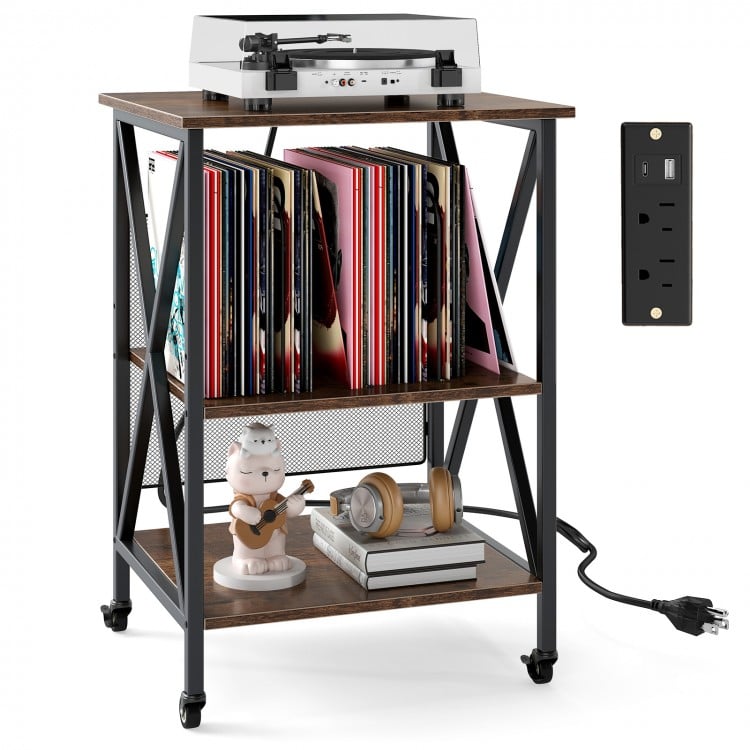 3-Tier Record Player Stand with Charging Station and Adjustable Shelf