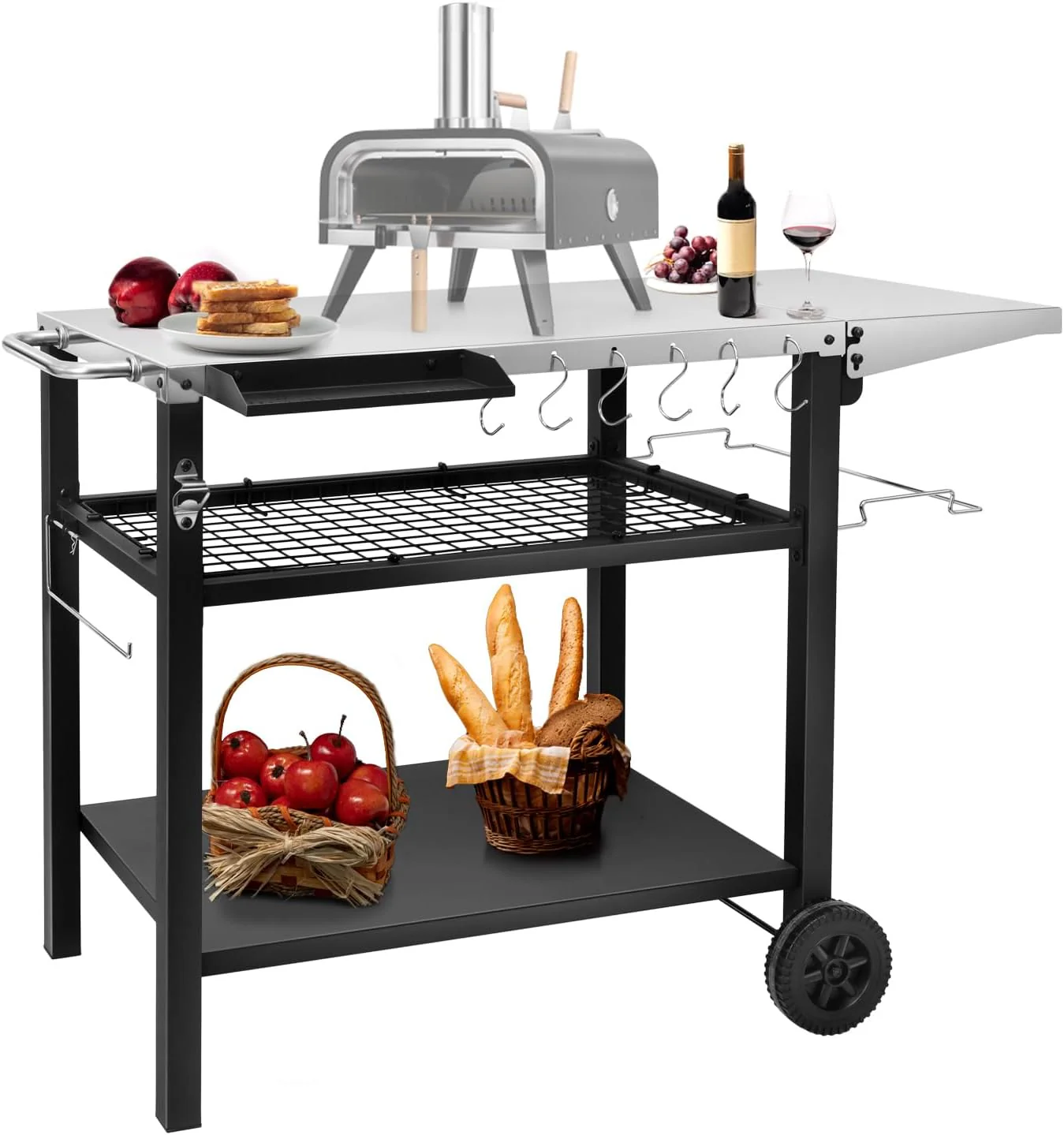 Stainless Steel Outdoor Grill Cart & Pizza Oven Stand with Wheels, Foldable Side Table, Spice Rack & Bottle Opener