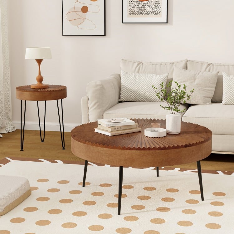 Set of 2 Boho Round Coffee Table with Solid Pine Wood Top and Metal Legs