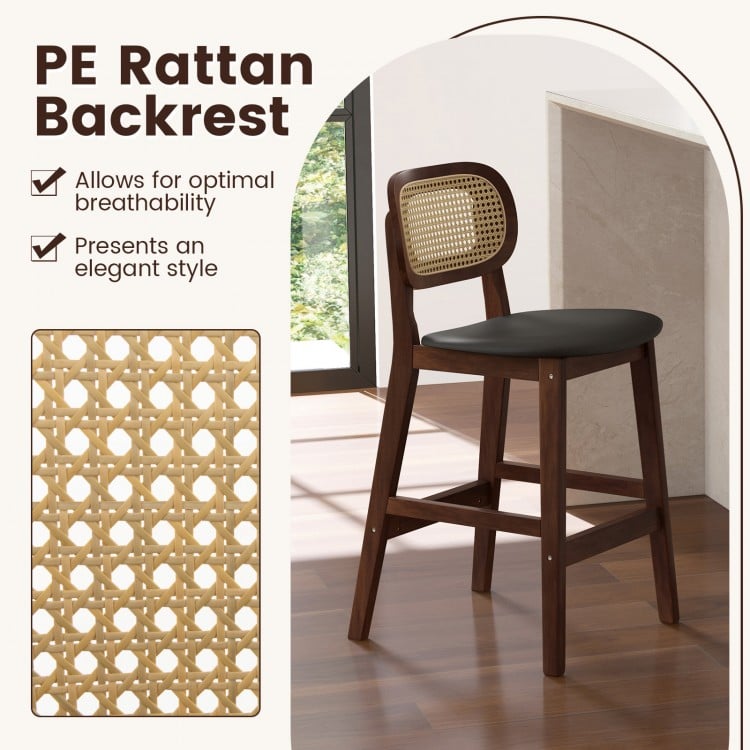 Wood Bar Chairs with PE Rattan Backrest Padded Seat and Footrest