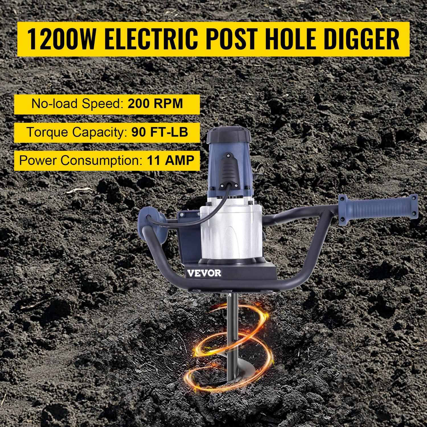 VEVOR Electric Post Hole Digger, 1200W 1.6HP, with 4 Auger Bits & Extension Rod, Durable Steel Construction