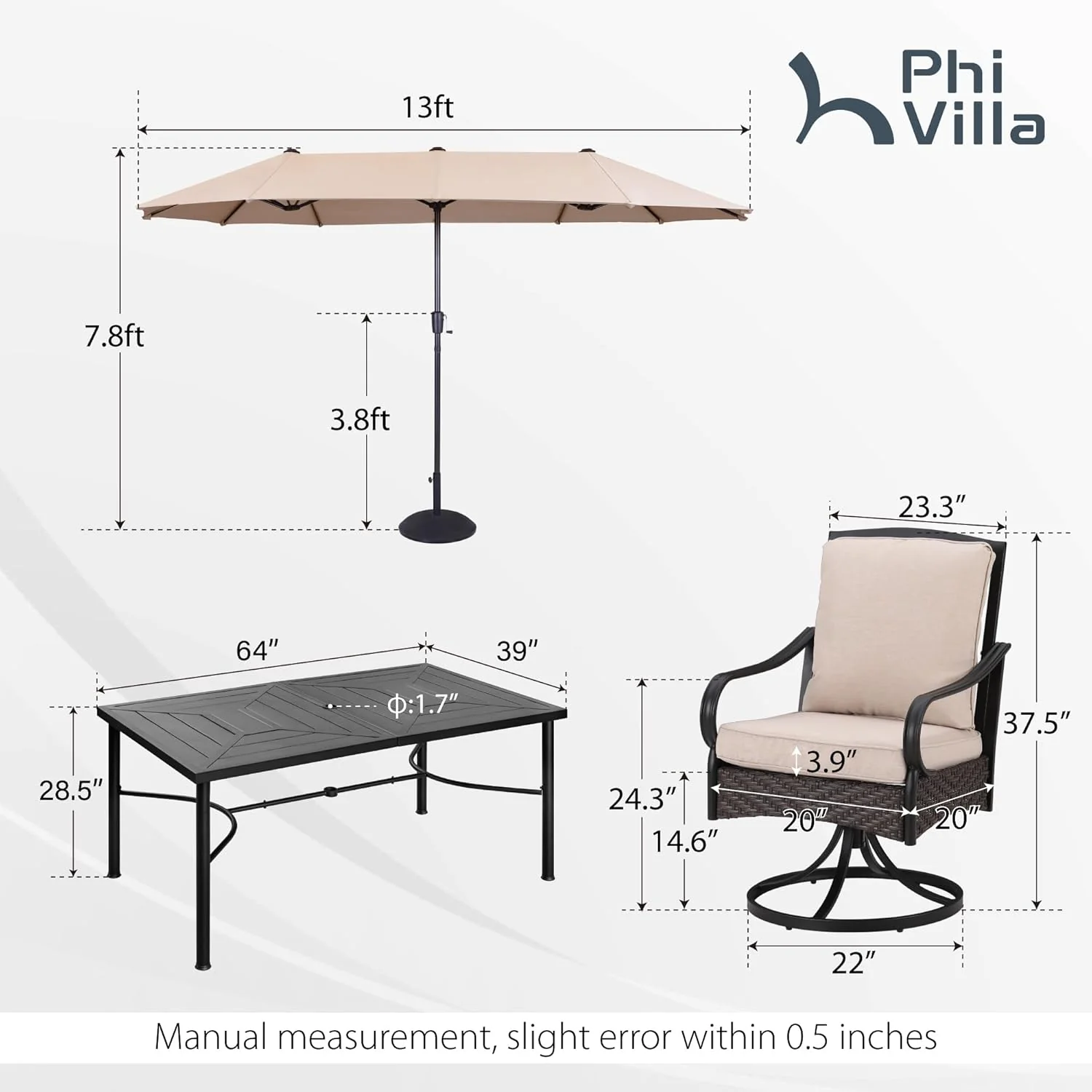 PHI VILLA 6-Piece Outdoor Dining Sets, All-Weather Patio Table and Chairs Set with Umbrella for 4, Heavy Duty Patio Round Table Set for Deck, 4 Extra Large Outdoor Swivel Chairs with Thick Cushions