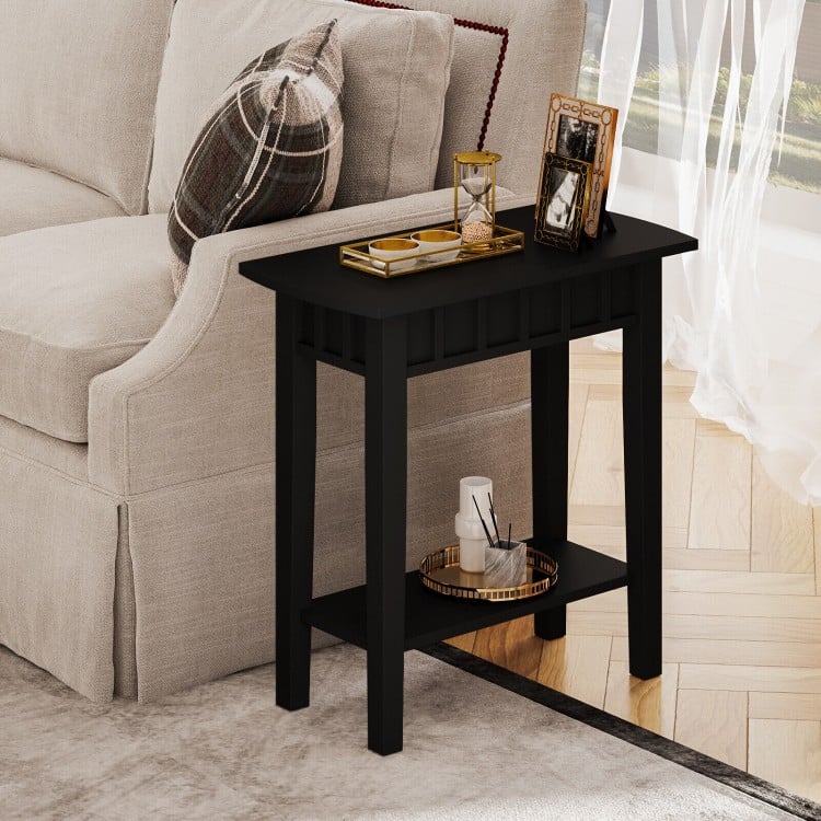 2-Tier Narrow Wood End Table with Storage Shelf for Small Spaces