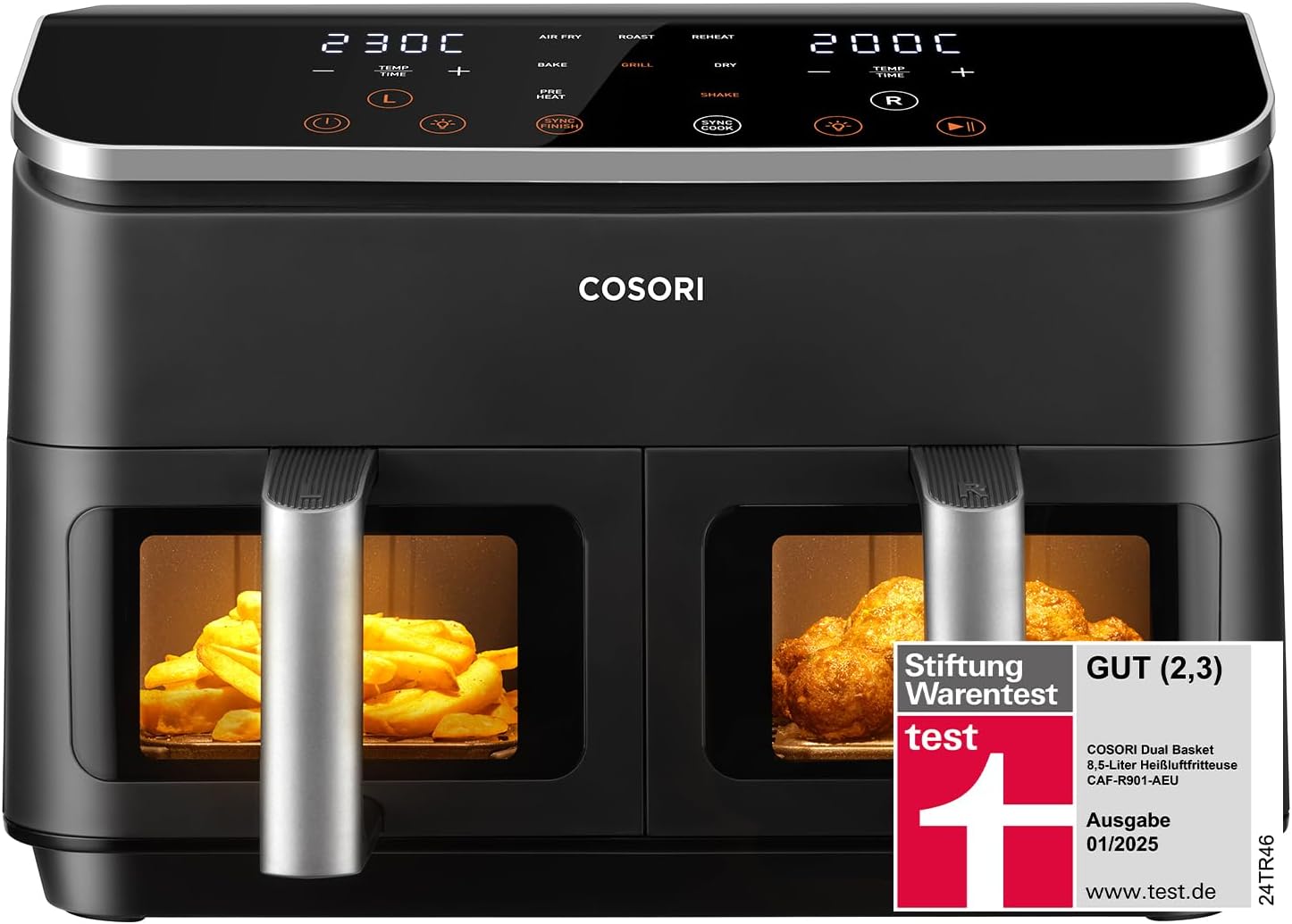 COSORI Varmluftfrituregryde 2 kamre, testvinder af Stiftung Warentest, 6-i-1 Dual Zone Air Fryer 8,5 L, dobbeltkammer med vindue til afbalanceret måltid, lys sølv