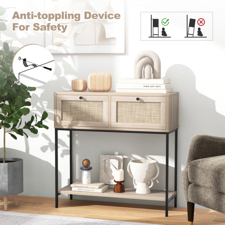 Rattan Console Table Boho Entryway Table with 2 Rattan Drawers and Open Storage Shelf