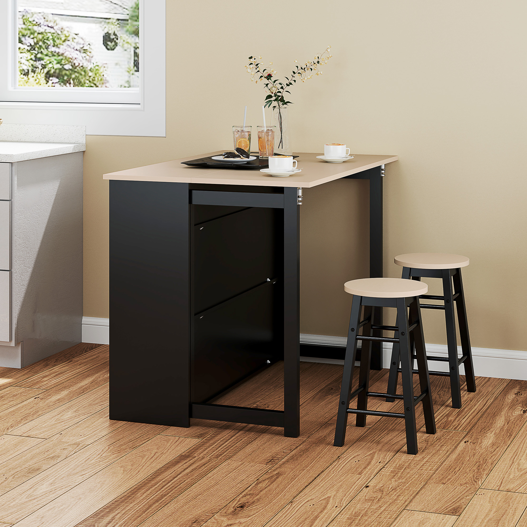 Køkkenø sæt med 2 barstole, sammenklappelig bordplade, opbevaring 116 x 70 x 89,5 cm Sort / Eg