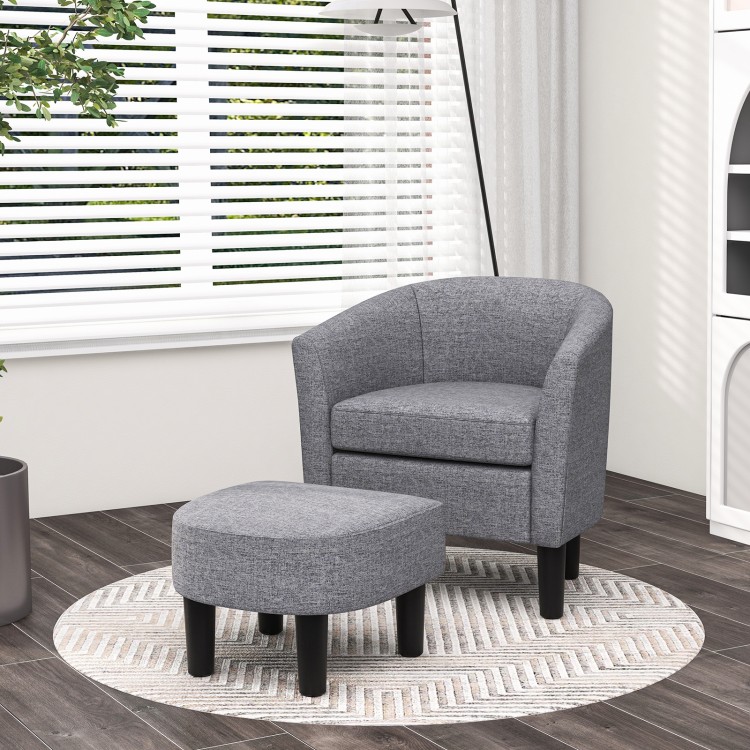 Barrel Club Chair with Ottoman Set Linen Fabric Accent Chair with Footrest