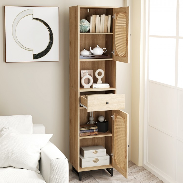 67 Inch Tall Bathroom Cabinet PE Rattan Floor Cabinet with 2 Doors