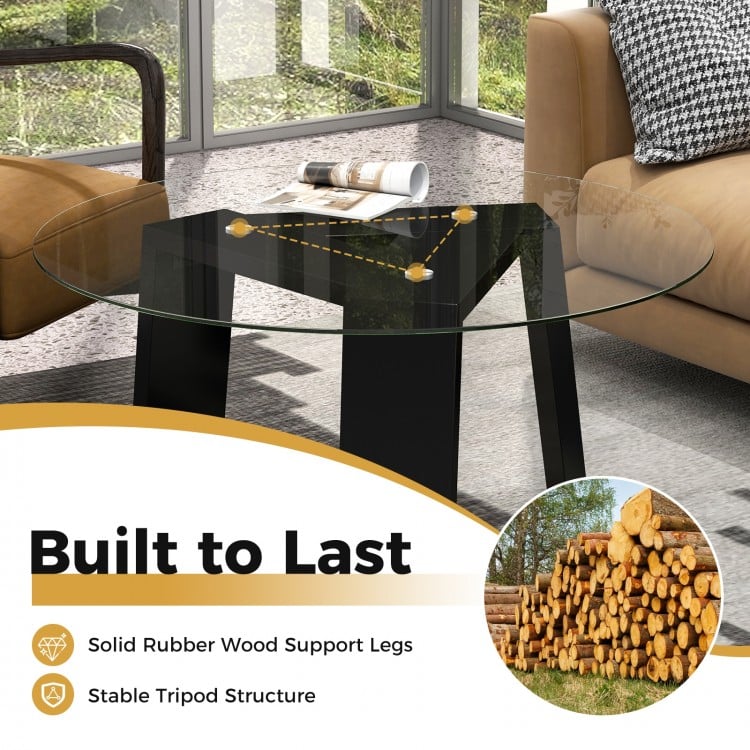 29.5 Inch Round Glass Coffee Table with Solid Rubber Wood Legs for Living Room Home Office Small Space