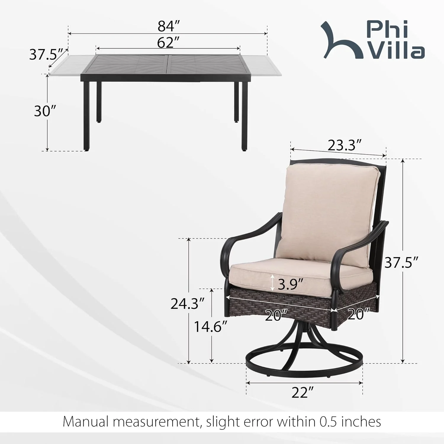 PHI VILLA 6-Piece Outdoor Dining Sets, All-Weather Patio Table and Chairs Set with Umbrella for 4, Heavy Duty Patio Round Table Set for Deck, 4 Extra Large Outdoor Swivel Chairs with Thick Cushions