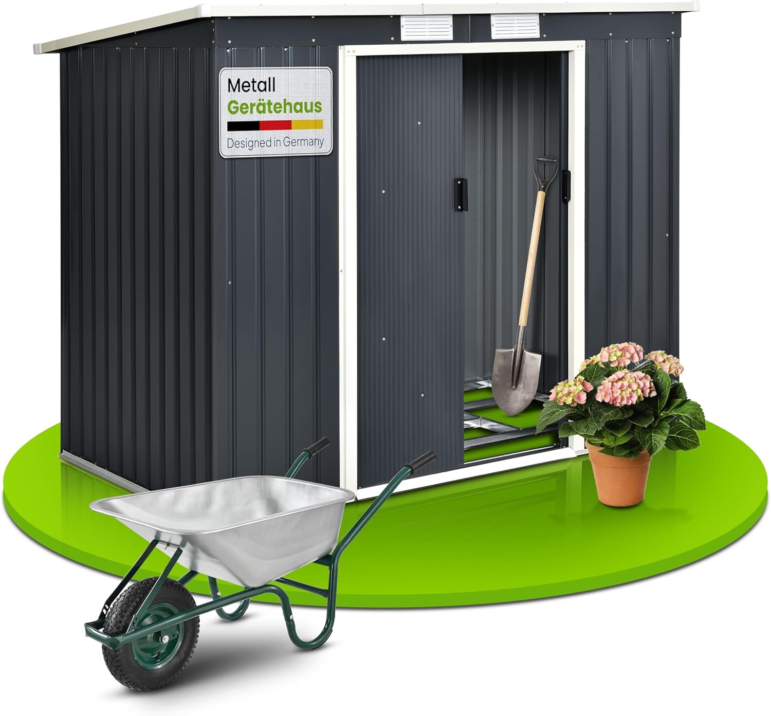 Juskys Metal udstyrshus M 4 m³ med halvtag, skydedør og fundament - 213 x 130 x 173 cm - antracit - enhedsskur havehus skur stål