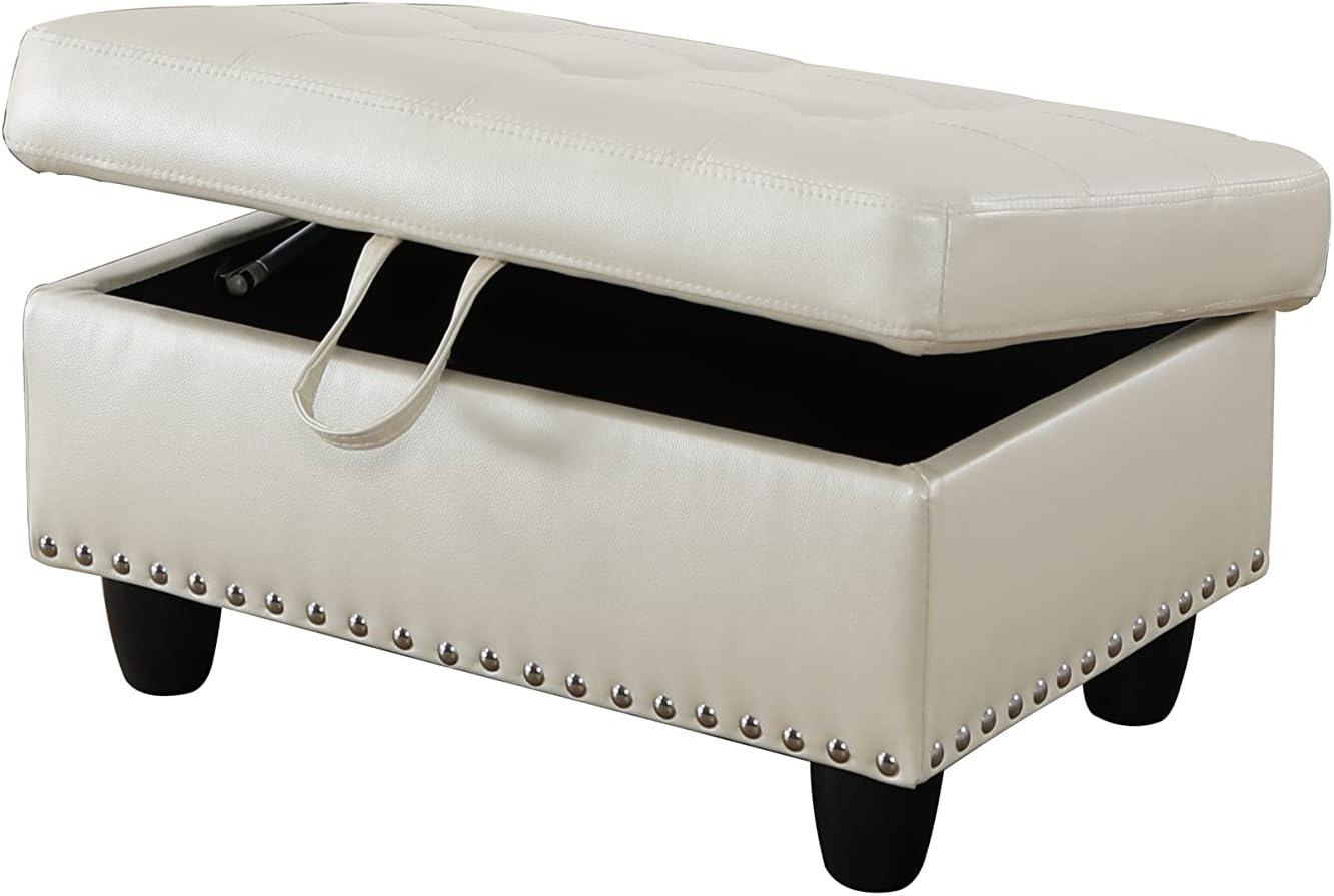 Lifestyle Furniture Ivory White Faux Leather Square Storage Ottoman, Modern Design