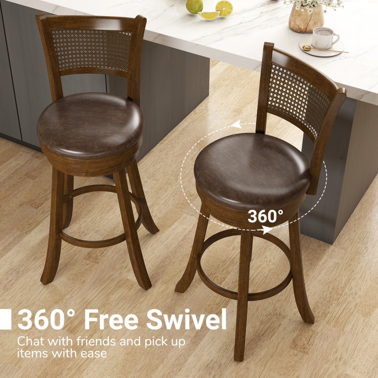 29 Inches Swivel Counter Height Barstool Set of 2 with Rattan Backrest and Footrest