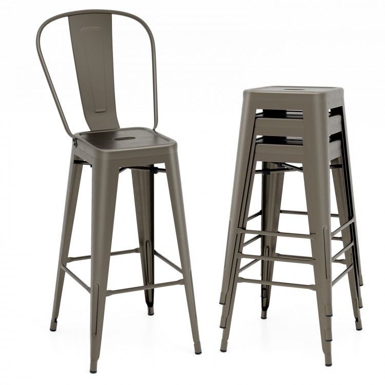 Set of 4 Bar Height Chairs Stackable Metal Bar Stools with Removable Backrest
