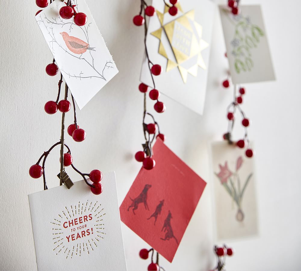 Berry Garland Christmas Card Holder – Hand-Assembled with Clips, 72′′ Long, Festive Decor