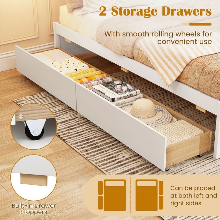 Queen Size Bed Frame with 2 Rolling Storage Drawers