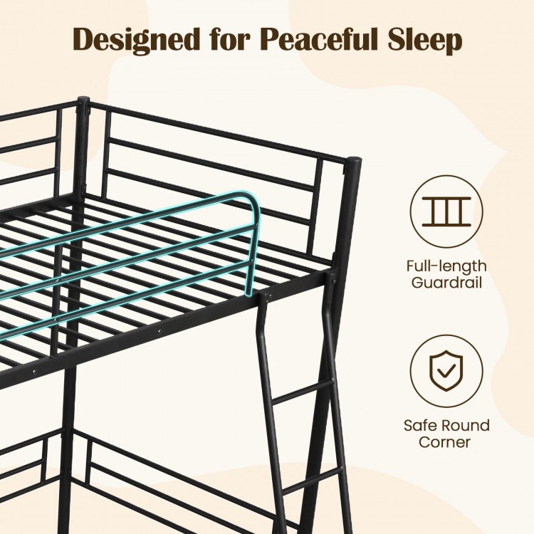 Twin Metal Loft Bed Frame with Ladder and Metal Slats Support