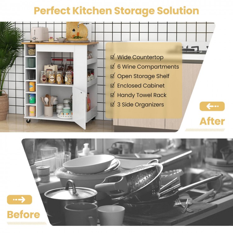 Kitchen Cart on Wheels with Bamboo Top and 6-Bottle Wine Rack