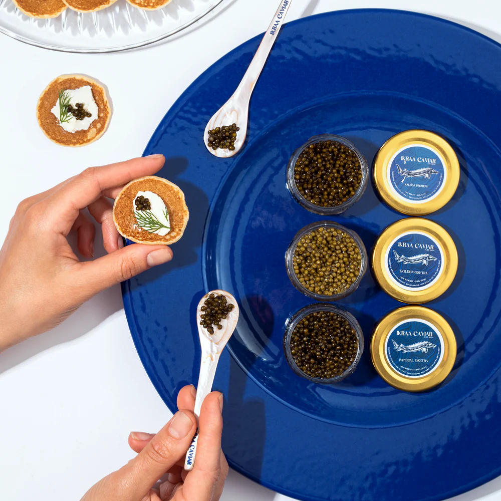 Gourmet Caviar Tasting Sampler Trio with Imperial Osetra, Kaluga Premium & Golden Osetra, Includes 2 Pearl Spoons