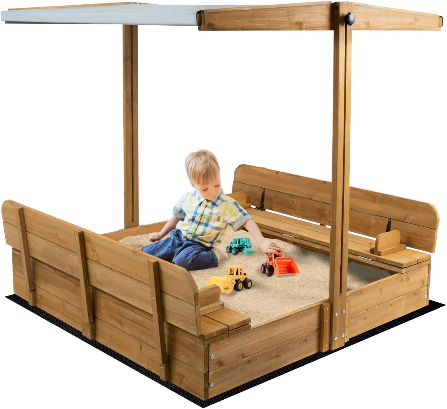Kids Sandbox with Lid, Wooden Sand Box with Cover Outdoor, UV-Protection & Natural Wood, Foldable Bench Seat, Adjustable Canopy, Sand Box for Kids Ages 2-8（47x47in）