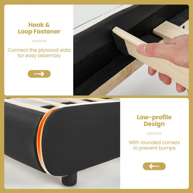 Upholstered Platform Bed Frame Low Profile Faux Leather with Curved Headboard