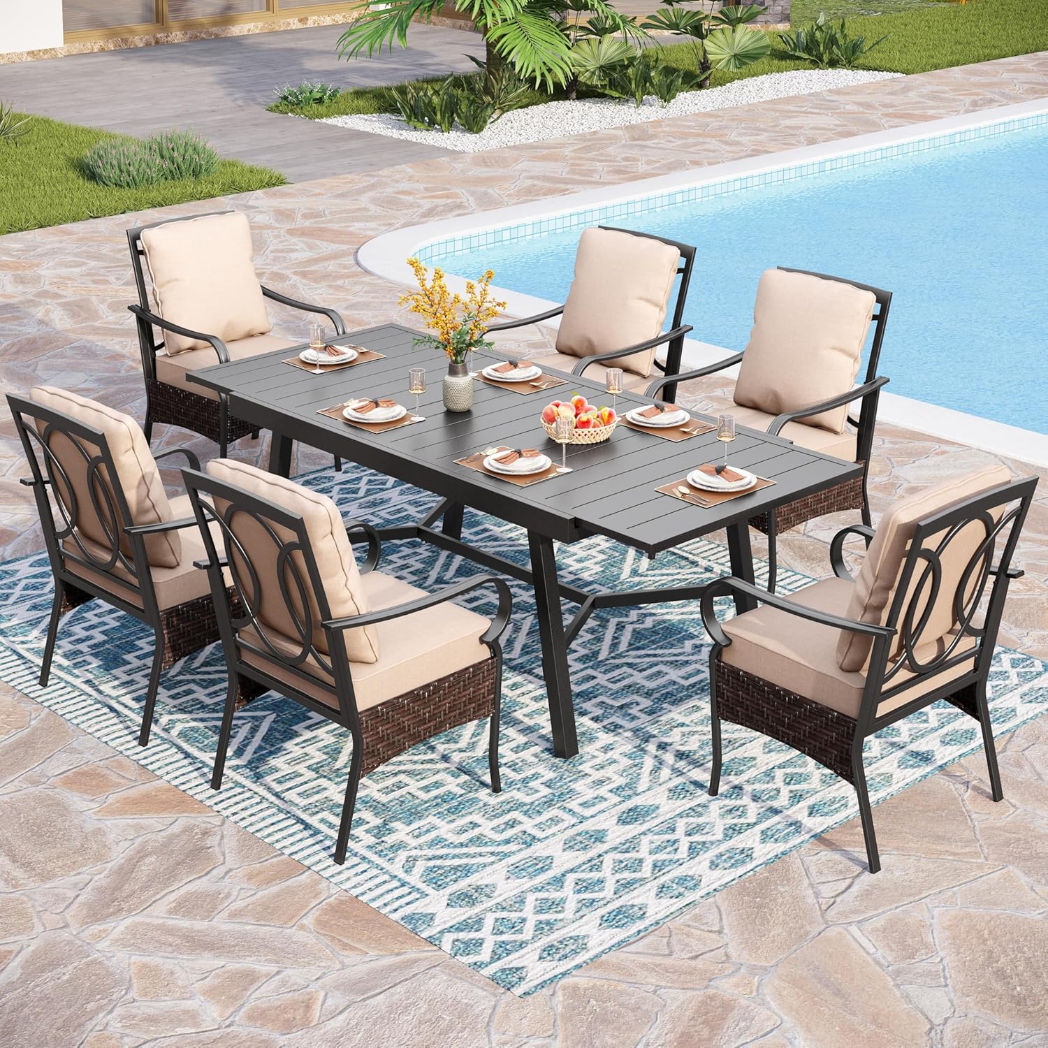 PHI VILLA 6-Piece Outdoor Dining Sets, All-Weather Patio Table and Chairs Set with Umbrella for 4, Heavy Duty Patio Round Table Set for Deck, 4 Extra Large Outdoor Swivel Chairs with Thick Cushions
