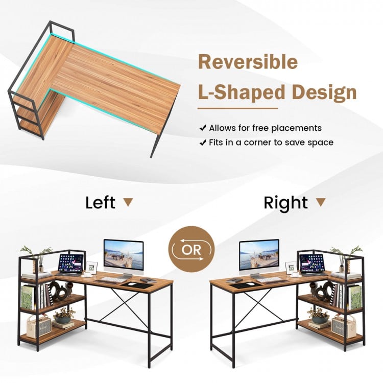 Reversible L-Shaped Computer Corner Workstation with 3-Tier Open Shelf