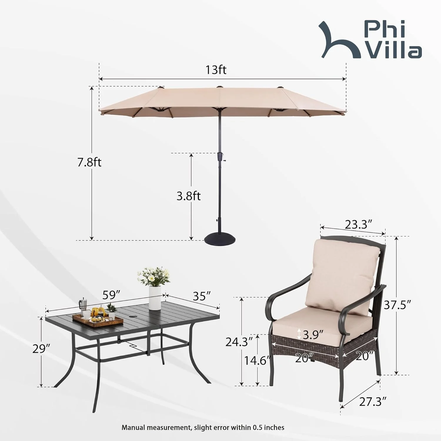 PHI VILLA 6-Piece Outdoor Dining Sets, All-Weather Patio Table and Chairs Set with Umbrella for 4, Heavy Duty Patio Round Table Set for Deck, 4 Extra Large Outdoor Swivel Chairs with Thick Cushions