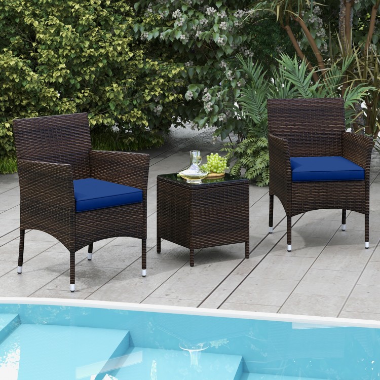 3 Pieces Outdoor Conversation Set with Cushioned Seat and Glass Tabletop