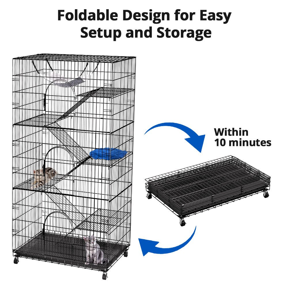 SINGES Extra Large 6-Tier Cat Cage Playpen with Bed, Black, Metal Wire, for Cats & Small Pets