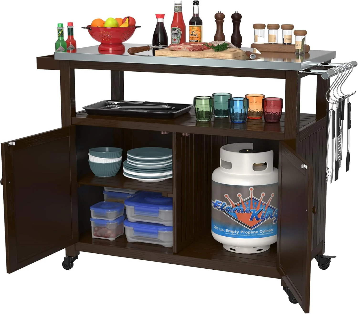 Premium Outdoor Storage Cabinet & Grill Table – Solid Wood, Stainless Steel Top, Dark Brown, Mobile with Wheels