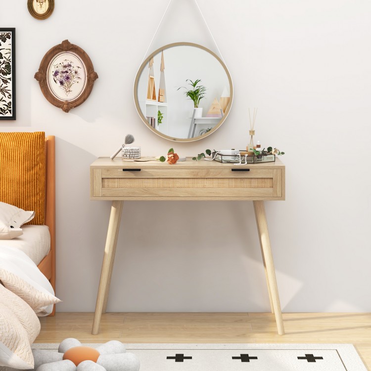 Rattan Console Table with Pull-out Drawer Boho Style Entryway Table