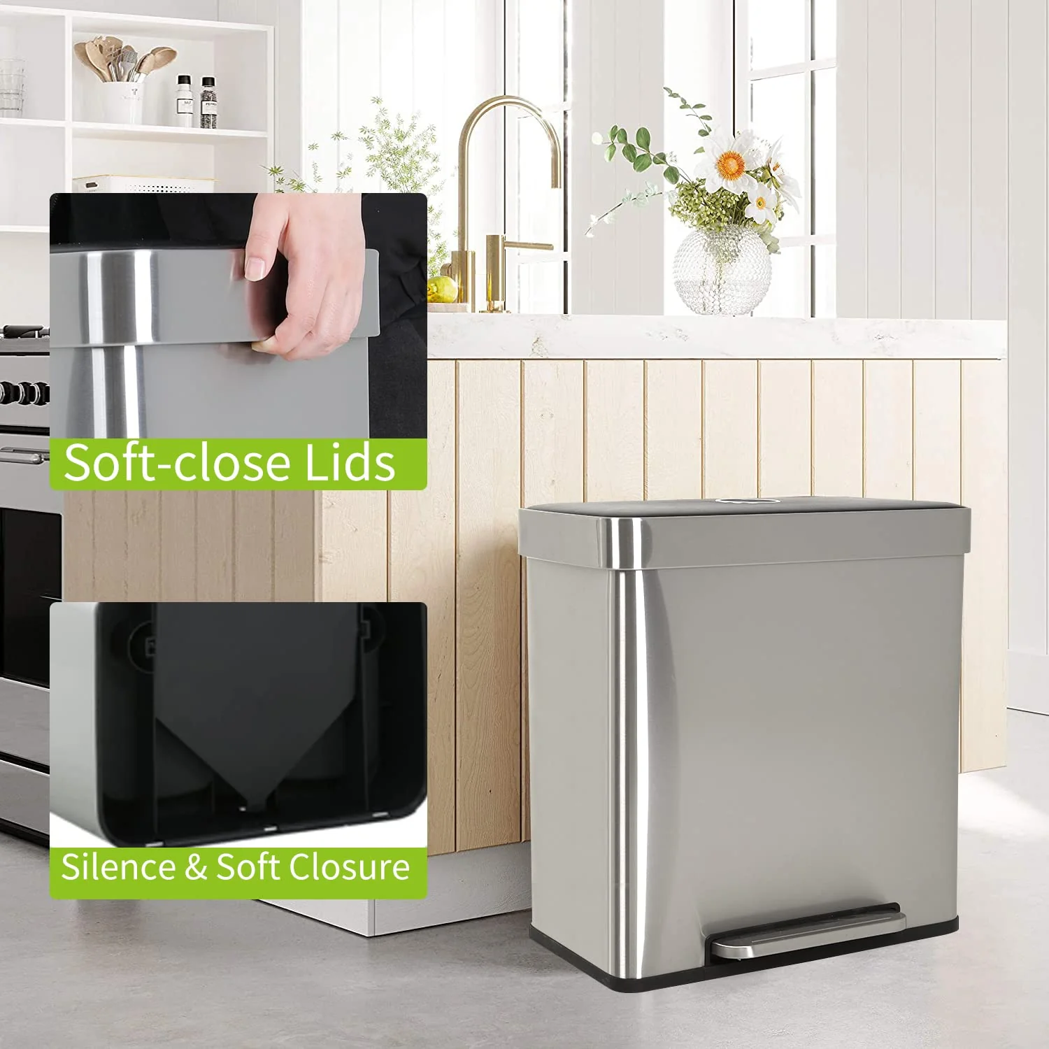 Bigacc 13 Gallon 50 Liter Kitchen Trash Can with Touch-Free & Motion Sensor, Automatic Stainless-Steel Garbage Can, Anti-Fingerprint Mute Designed Trash Bin Brushed Stainless Steel