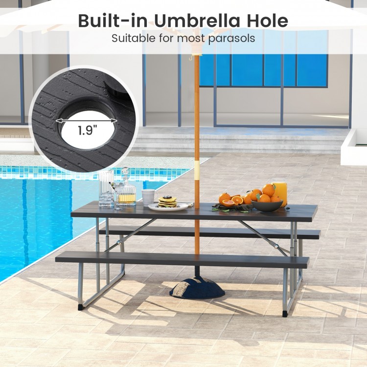 Folding Picnic Table Set with Metal Frame and All-Weather HDPE Tabletop, Umbrella Hole