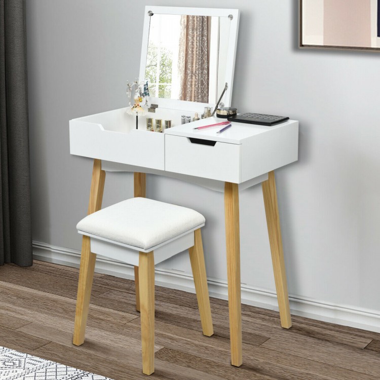 Wooden Vanity Table with Flip Top Mirror and Cushioned Stool