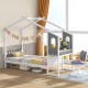 Twin/Full Bed Frame with House Roof Canopy and Fence for Kids