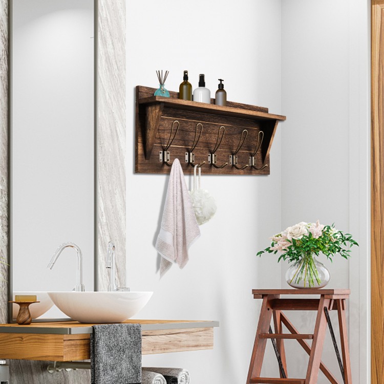 24 Inch Entryway Wall Mounted Coat Rack with Shelf and 5 Hooks