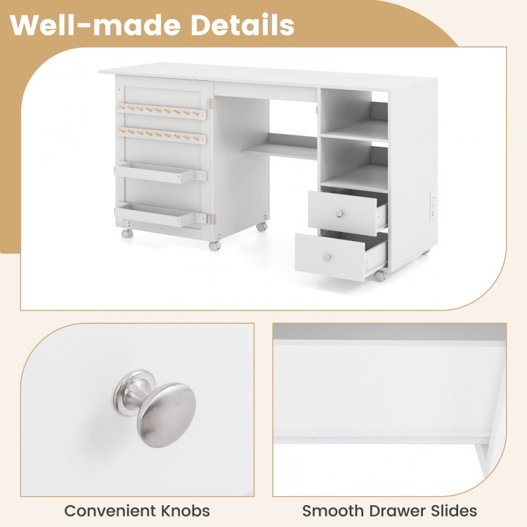 Folding Sewing Table with Charging Station and Storage Shelves