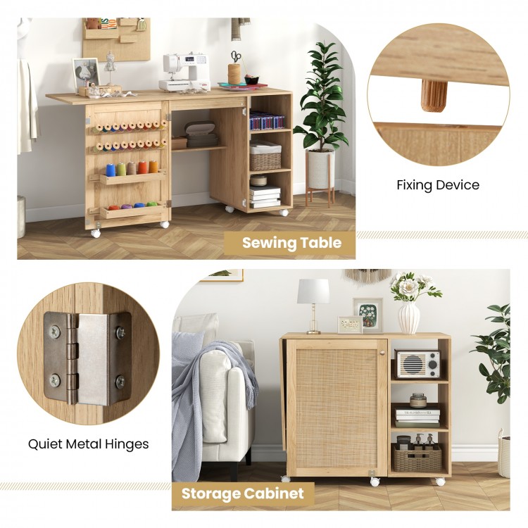 Multipurpose Folding Sewing Table Craft Station with Rattan Door