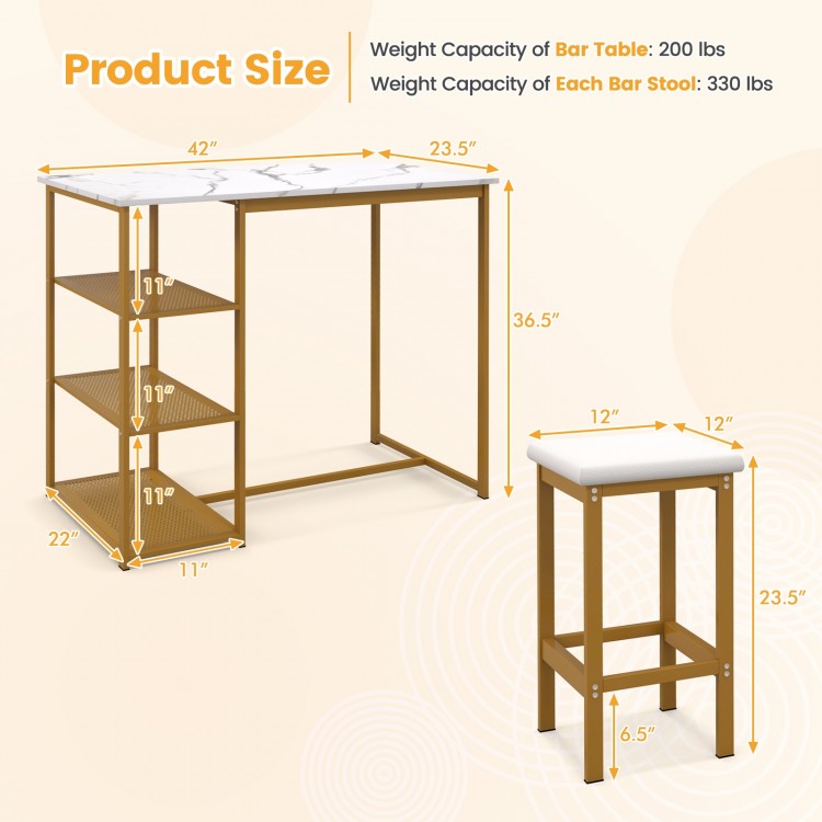 3 Pieces Gold Bar Table Set for 2 with 3-Tier Storage Shelves