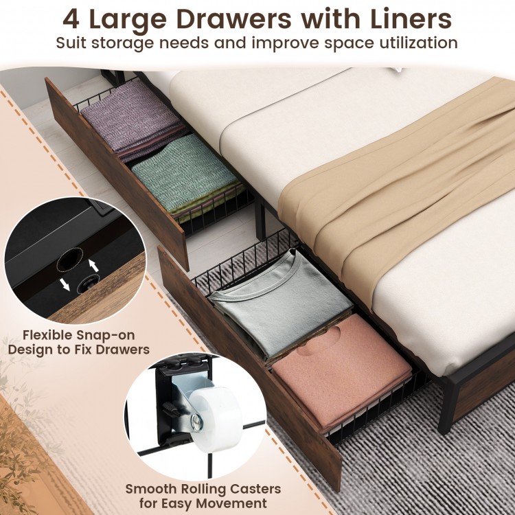 Full/Queen Size Bed Frame with Bookcase Headboard and 4 Storage Drawers